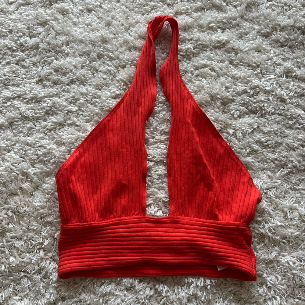 Revolve Callahan Red Ribbed Halter Bandeau Top